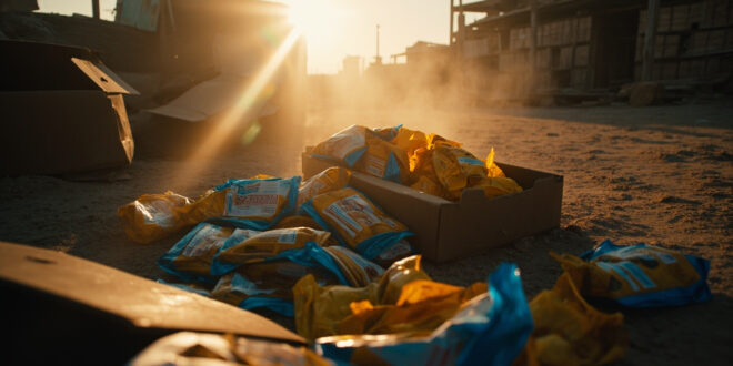 Abandoned humanitarian aid packages scattered across empty courtyard of deserted distribution center at dawn