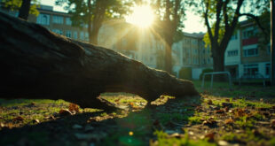 Massive fallen chestnut tree branch lying across empty children's playground surrounded by residential buildings