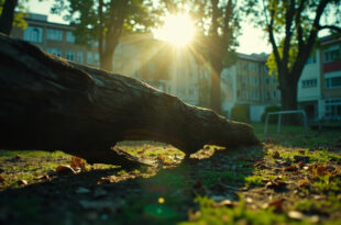 Massive fallen chestnut tree branch lying across empty children's playground surrounded by residential buildings