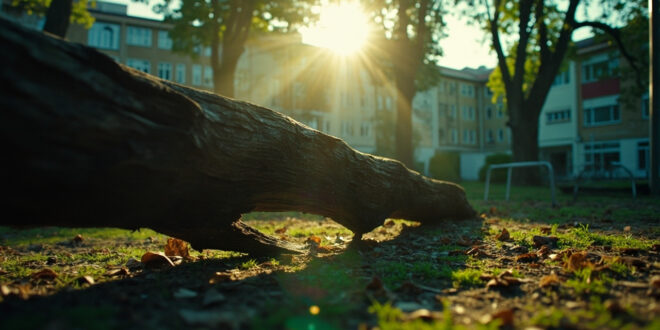 Massive fallen chestnut tree branch lying across empty children's playground surrounded by residential buildings