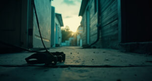 Empty dog collar and leash hanging on abandoned residential doorstep at dusk, remnants of political violence tragedy