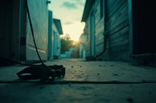 Empty dog collar and leash hanging on abandoned residential doorstep at dusk, remnants of political violence tragedy