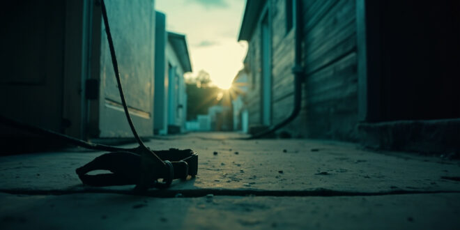 Empty dog collar and leash hanging on abandoned residential doorstep at dusk, remnants of political violence tragedy