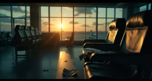 Abandoned airport terminal at dusk with empty departure gate, silent boarding display, and forgotten items on vacant seats