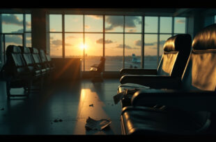 Abandoned airport terminal at dusk with empty departure gate, silent boarding display, and forgotten items on vacant seats