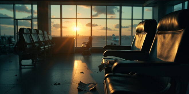 Abandoned airport terminal at dusk with empty departure gate, silent boarding display, and forgotten items on vacant seats