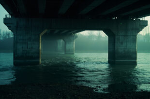 Somber Vltava river flowing under a deserted concrete bridge in Czech Budejovice, captured in dark gray and muted blue tones