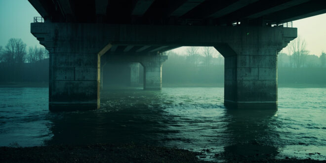 Somber Vltava river flowing under a deserted concrete bridge in Czech Budejovice, captured in dark gray and muted blue tones
