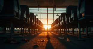 Empty aircraft seats with forgotten personal items in an abandoned airport terminal at dusk, casting long shadows