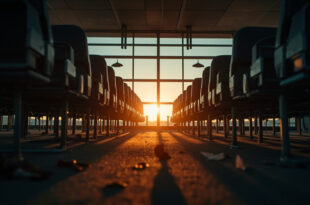 Empty aircraft seats with forgotten personal items in an abandoned airport terminal at dusk, casting long shadows