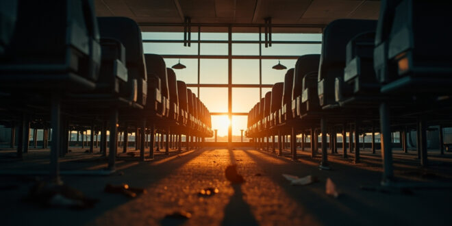 Empty aircraft seats with forgotten personal items in an abandoned airport terminal at dusk, casting long shadows