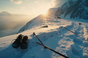 Abandoned hiking gear scattered across a desolate snow-covered mountain ridge at dusk, with an empty trail winding through the terrain.