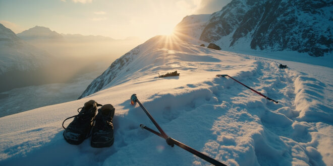Abandoned hiking gear scattered across a desolate snow-covered mountain ridge at dusk, with an empty trail winding through the terrain.