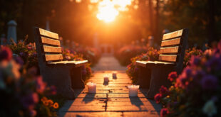 Memorial candles and fresh flowers arranged beside two empty benches in a cemetery bathed in golden hour light