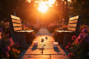 Memorial candles and fresh flowers arranged beside two empty benches in a cemetery bathed in golden hour light