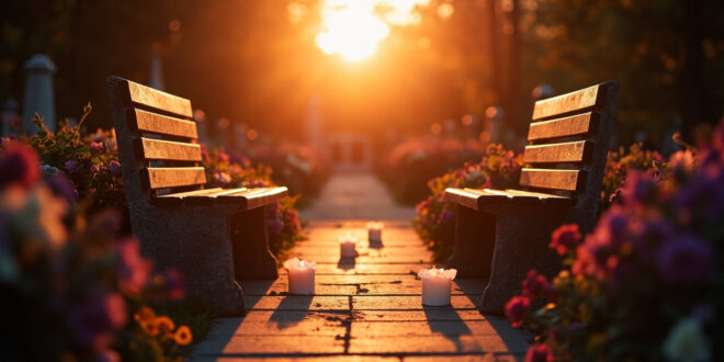 Memorial candles and fresh flowers arranged beside two empty benches in a cemetery bathed in golden hour light