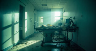 Abandoned hospital room with empty bed and disconnected equipment under sterile lighting, unused medical documents nearby