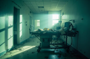 Abandoned hospital room with empty bed and disconnected equipment under sterile lighting, unused medical documents nearby