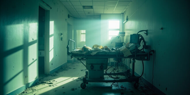Abandoned hospital room with empty bed and disconnected equipment under sterile lighting, unused medical documents nearby