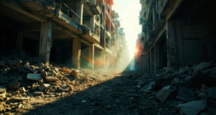 Destroyed apartment building with exposed rooms amid rubble and debris in war-damaged residential area