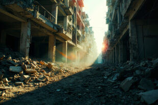 Destroyed apartment building with exposed rooms amid rubble and debris in war-damaged residential area