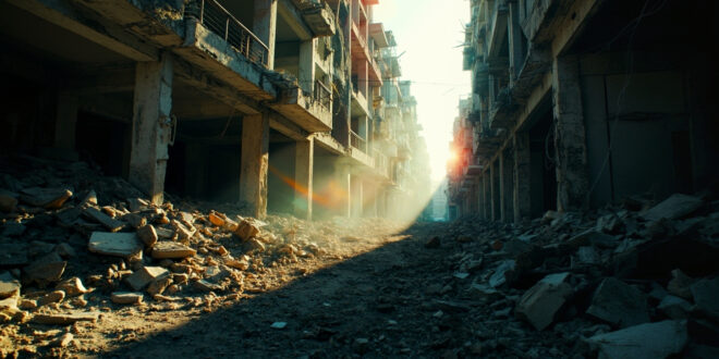 Destroyed apartment building with exposed rooms amid rubble and debris in war-damaged residential area