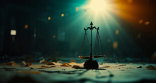 Empty courthouse with abandoned scales of justice and scattered legal documents in a dimly lit government building