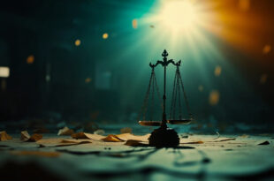 Empty courthouse with abandoned scales of justice and scattered legal documents in a dimly lit government building
