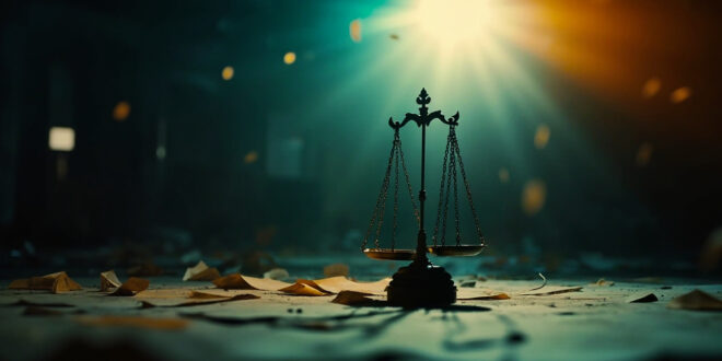Empty courthouse with abandoned scales of justice and scattered legal documents in a dimly lit government building