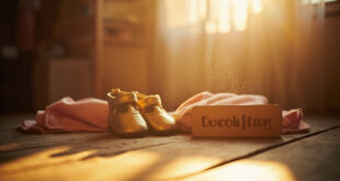 Golden baby shoes and wooden name block displayed in soft pink nursery corner with natural lighting and warm tones
