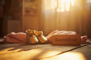 Golden baby shoes and wooden name block displayed in soft pink nursery corner with natural lighting and warm tones