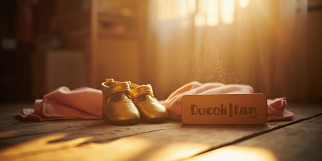 Golden baby shoes and wooden name block displayed in soft pink nursery corner with natural lighting and warm tones