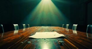 Abandoned peace treaty on mahogany table with scattered diplomatic documents in vacant conference room with maps