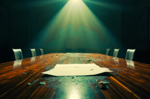 Abandoned peace treaty on mahogany table with scattered diplomatic documents in vacant conference room with maps