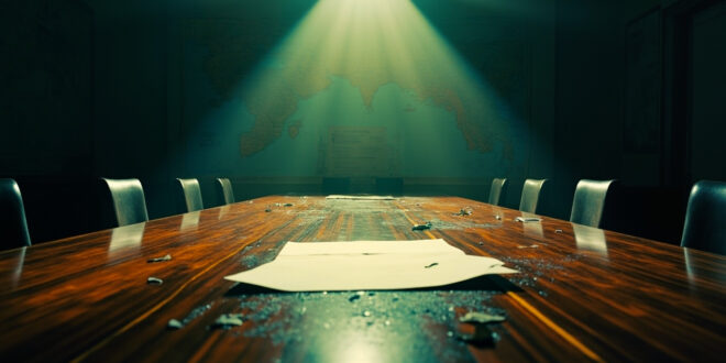 Abandoned peace treaty on mahogany table with scattered diplomatic documents in vacant conference room with maps