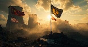Abandoned nuclear facility with damaged cooling towers and scattered diplomatic documents after bombing at dawn