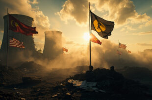 Abandoned nuclear facility with damaged cooling towers and scattered diplomatic documents after bombing at dawn