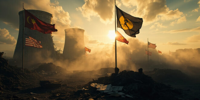 Abandoned nuclear facility with damaged cooling towers and scattered diplomatic documents after bombing at dawn