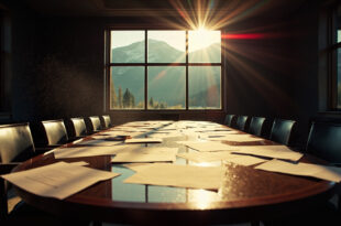 Empty conference chairs surround an oval table with unsigned diplomatic documents in an abandoned Rocky Mountain lodge