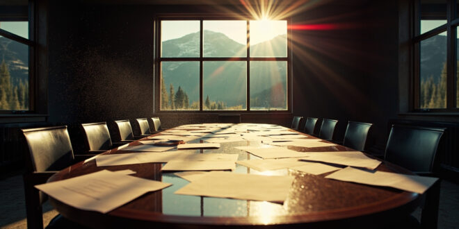 Empty conference chairs surround an oval table with unsigned diplomatic documents in an abandoned Rocky Mountain lodge