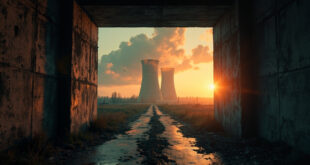 Abandoned nuclear cooling towers against smoky dawn sky at a deserted industrial complex after facility strikes