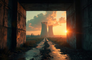 Abandoned nuclear cooling towers against smoky dawn sky at a deserted industrial complex after facility strikes