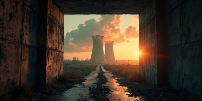 Abandoned nuclear cooling towers against smoky dawn sky at a deserted industrial complex after facility strikes