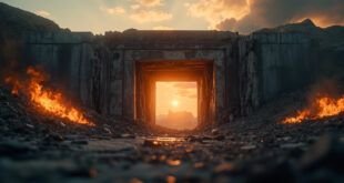 Damaged concrete bunker entrance with orange flames and debris at a desolate nuclear facility complex at dawn after bombing