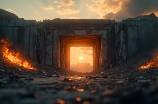 Damaged concrete bunker entrance with orange flames and debris at a desolate nuclear facility complex at dawn after bombing