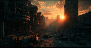 Abandoned nuclear enrichment facility with destroyed centrifuge equipment bathed in orange dusk light at an empty industrial complex