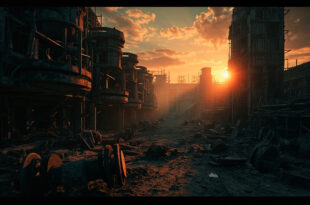 Abandoned nuclear enrichment facility with destroyed centrifuge equipment bathed in orange dusk light at an empty industrial complex
