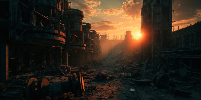 Abandoned nuclear enrichment facility with destroyed centrifuge equipment bathed in orange dusk light at an empty industrial complex