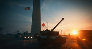 M1 Abrams tank displayed in military parade on National Mall with Washington Monument at dusk