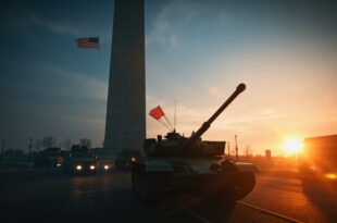 M1 Abrams tank displayed in military parade on National Mall with Washington Monument at dusk